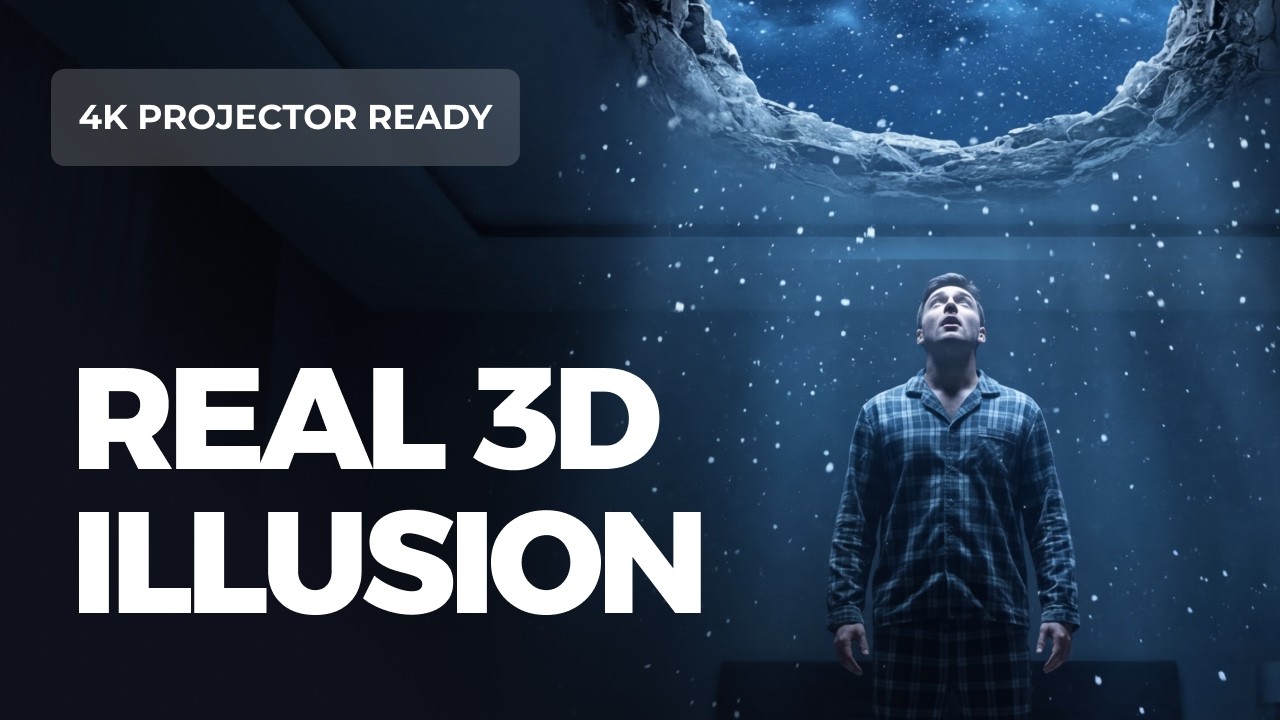 Ceiling Portal: Starry Night & Falling Snow | Projector-Ready Illusion (Deep Black Borders)