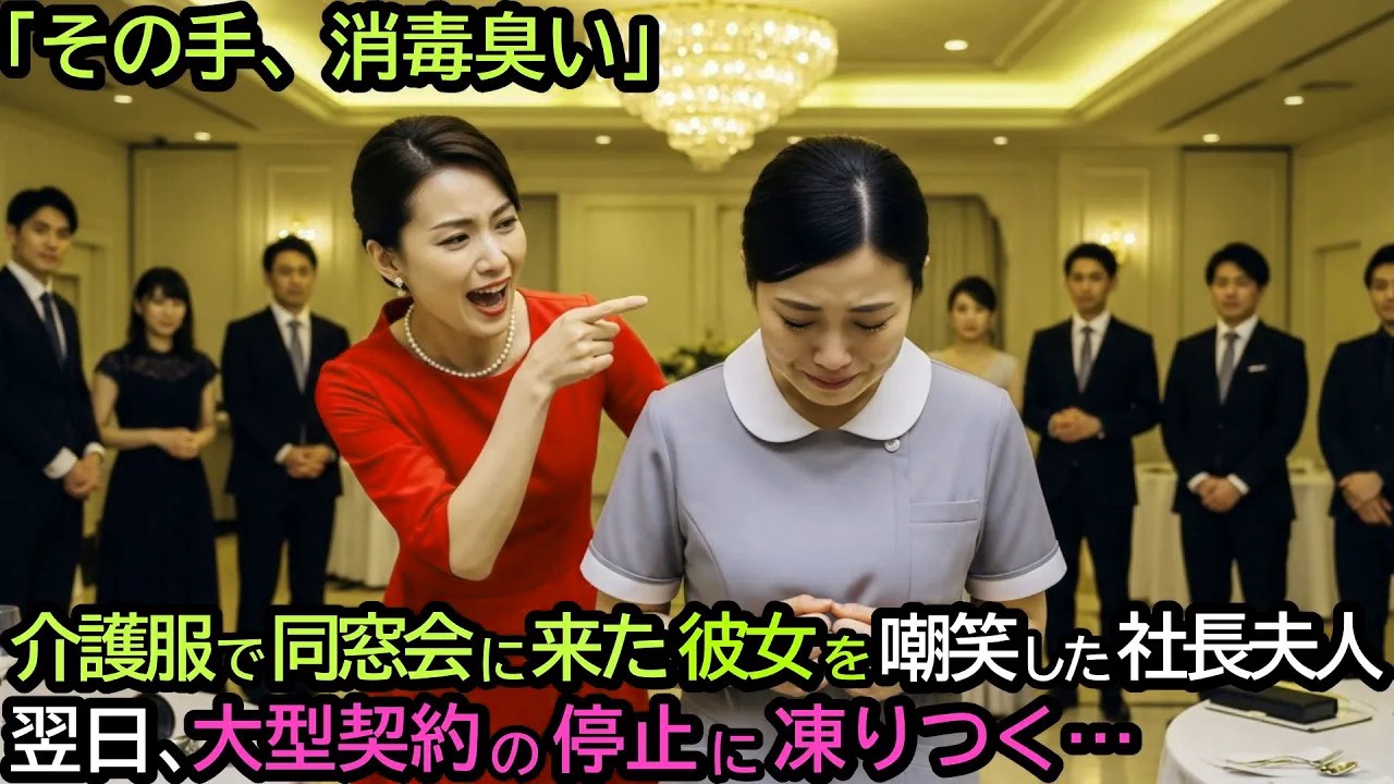 「その手、消毒くさい」介護服で同窓会にきた彼女を嘲笑した社長夫人。翌日、大型契約の停止に凍りつく…