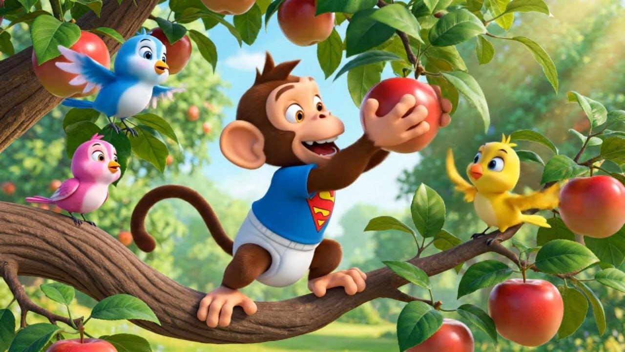 Baby Monkey and Sparrows Picking Apples | Kids Storytime