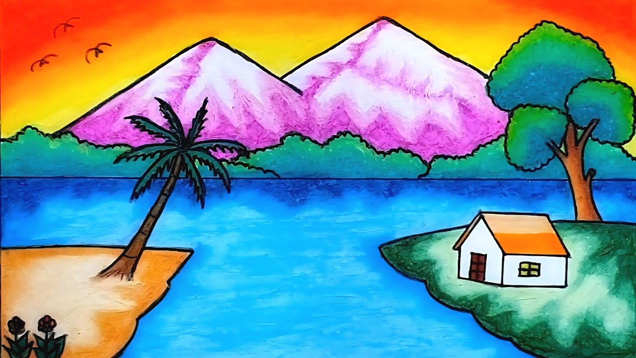Простой рисунок пейзажа | Как нарисовать горы и морской пляж на закате масляной пастелью