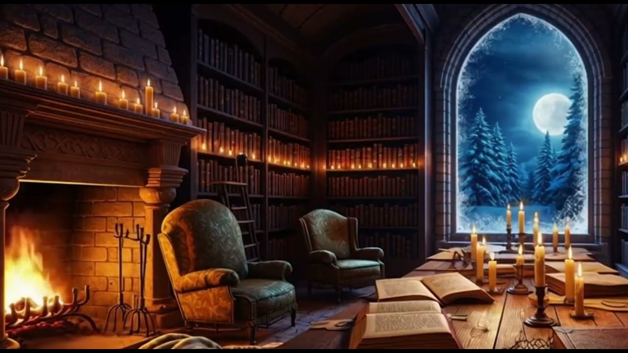 Noble Medieval Library 👑📚 | Snow Outside Window | 3 Hours Cozy Fireplace Ambience