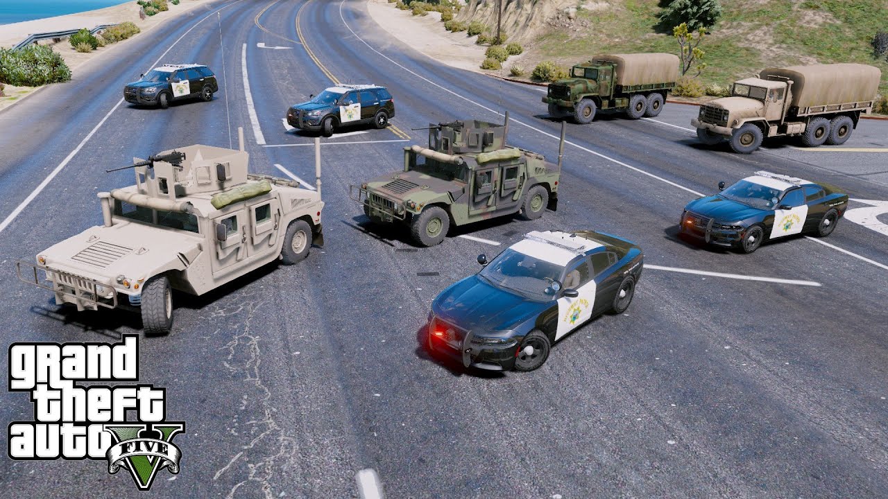 Дорожный патруль сопровождает секретный военный конвой в GTA 5