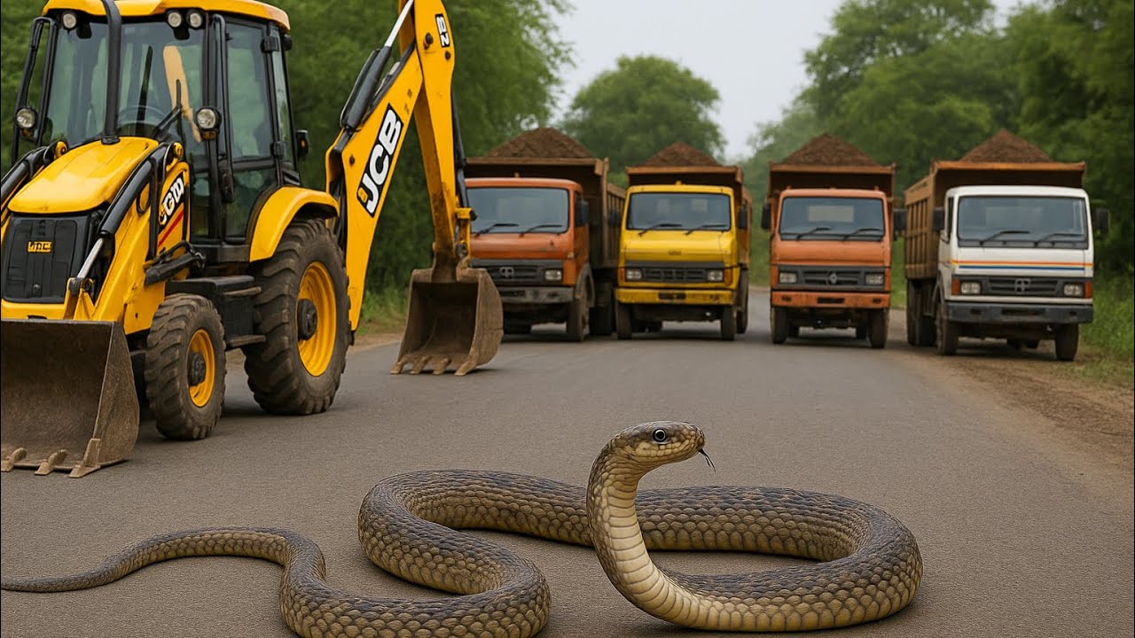 Two JCB 3dx Backhoe Machine And Four Trucks Were Going To Load Soil, they found a Snake On The Road