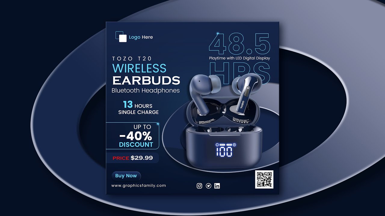 Wireless Earbuds Professional Social Media Post Design | Photoshop Tutorial