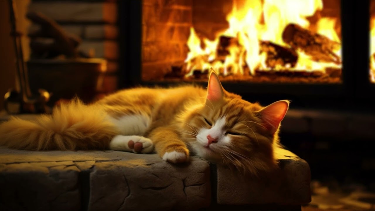 Sleep NO ADS with Purring of a Cat & Fireplace 🔥 Deep Sleep, Relax, Study, Stress Relief