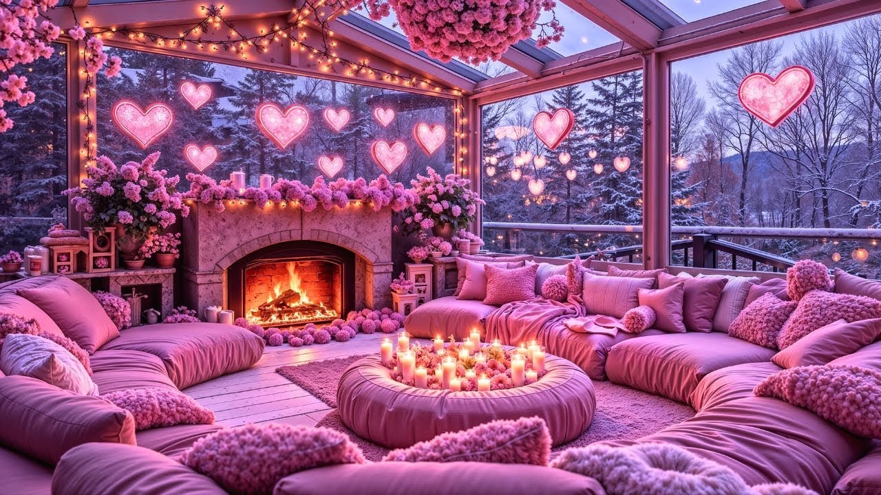 💗Enchanting Valentine in Pink Snow ❄️🔥 Cozy Jazz, Fireplace Warmth, Winter Calm for Deep Rest, Sleep