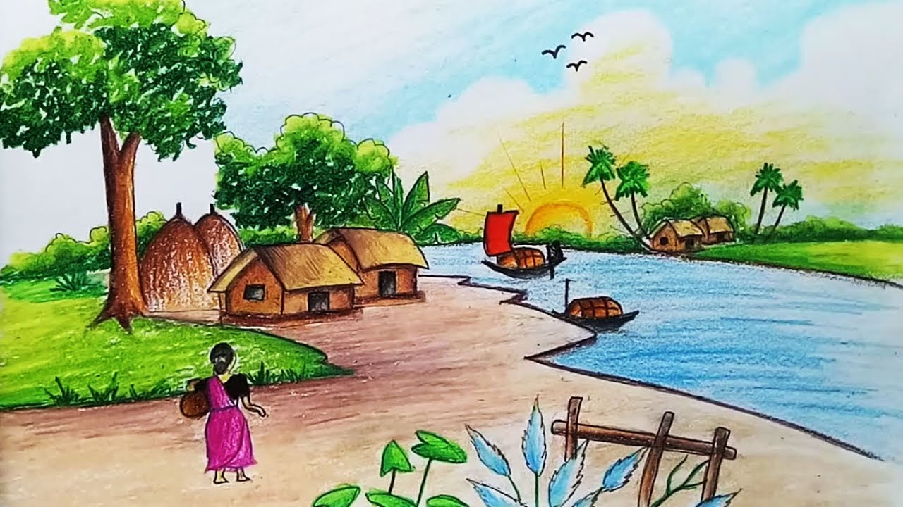 How to draw village scenery for Beginners.Step by step(easy draw)