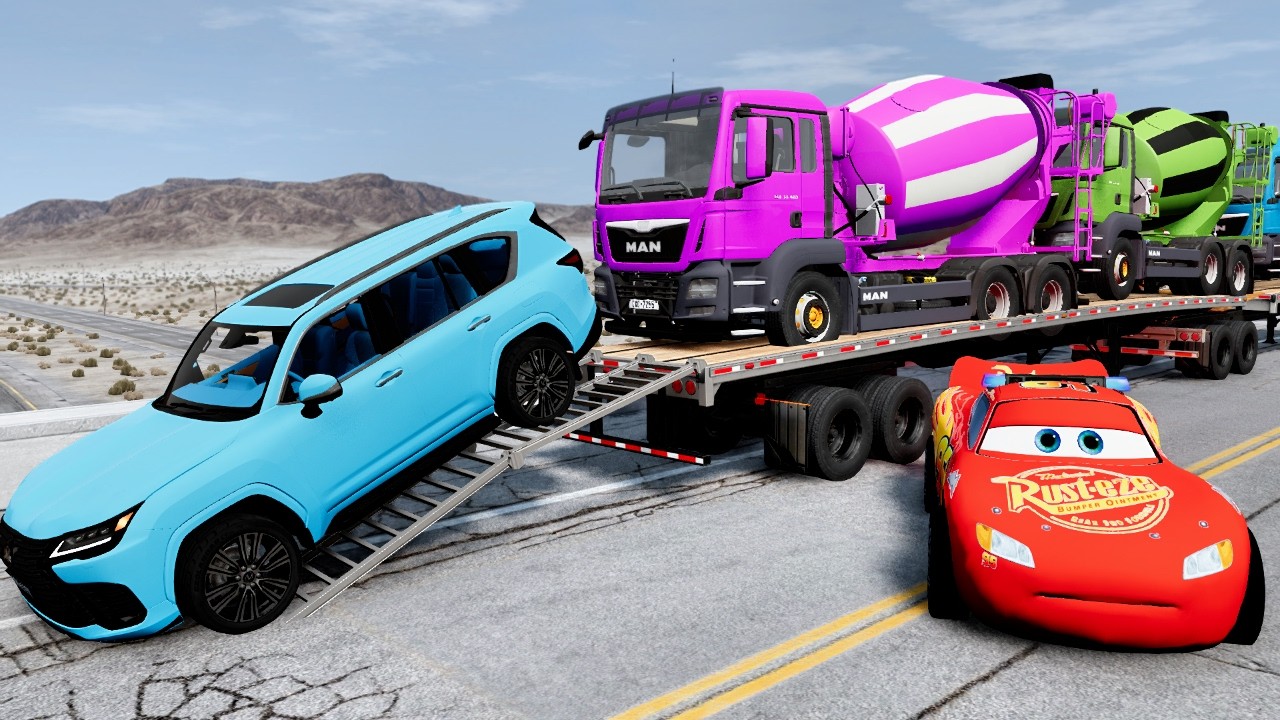 Flatbed Truck Mcqueen  Transportation with Truck   Pothole vs Car #43  BeamNG Drive