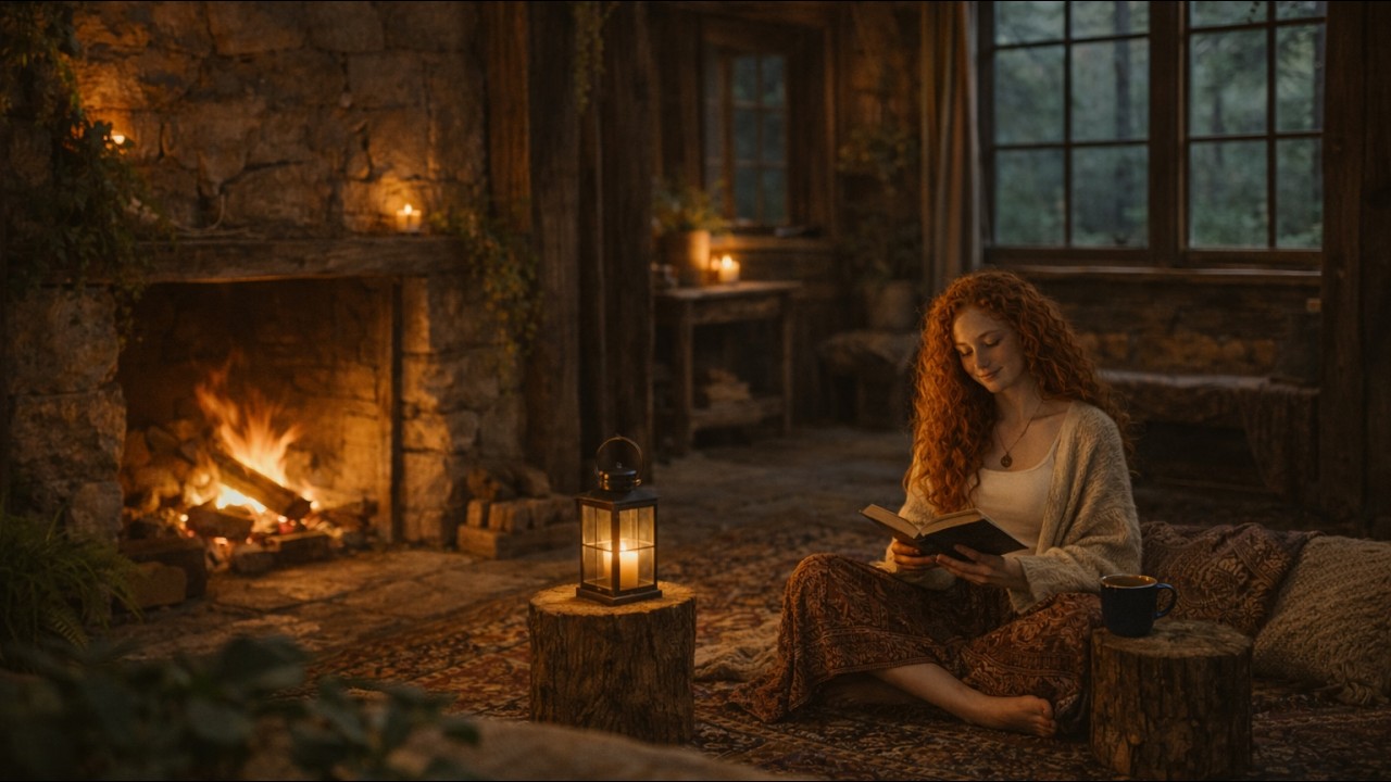 Elder Grove | Celtic Cabin Ambience | Soft Firelight & Lantern Glow Evening Calm