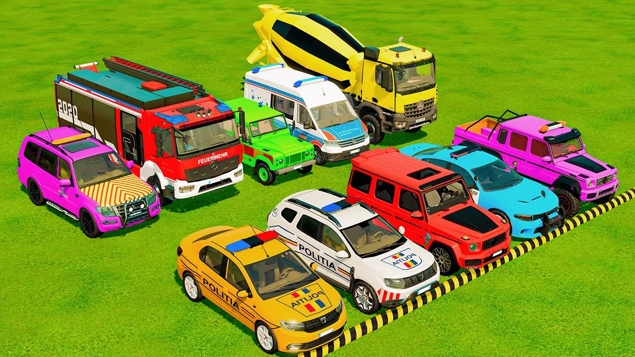 TRANSPORTING COLORFUL POLICE CARS, AMBULANCES & FIRE TRUCKS TO GARAGE | FS22