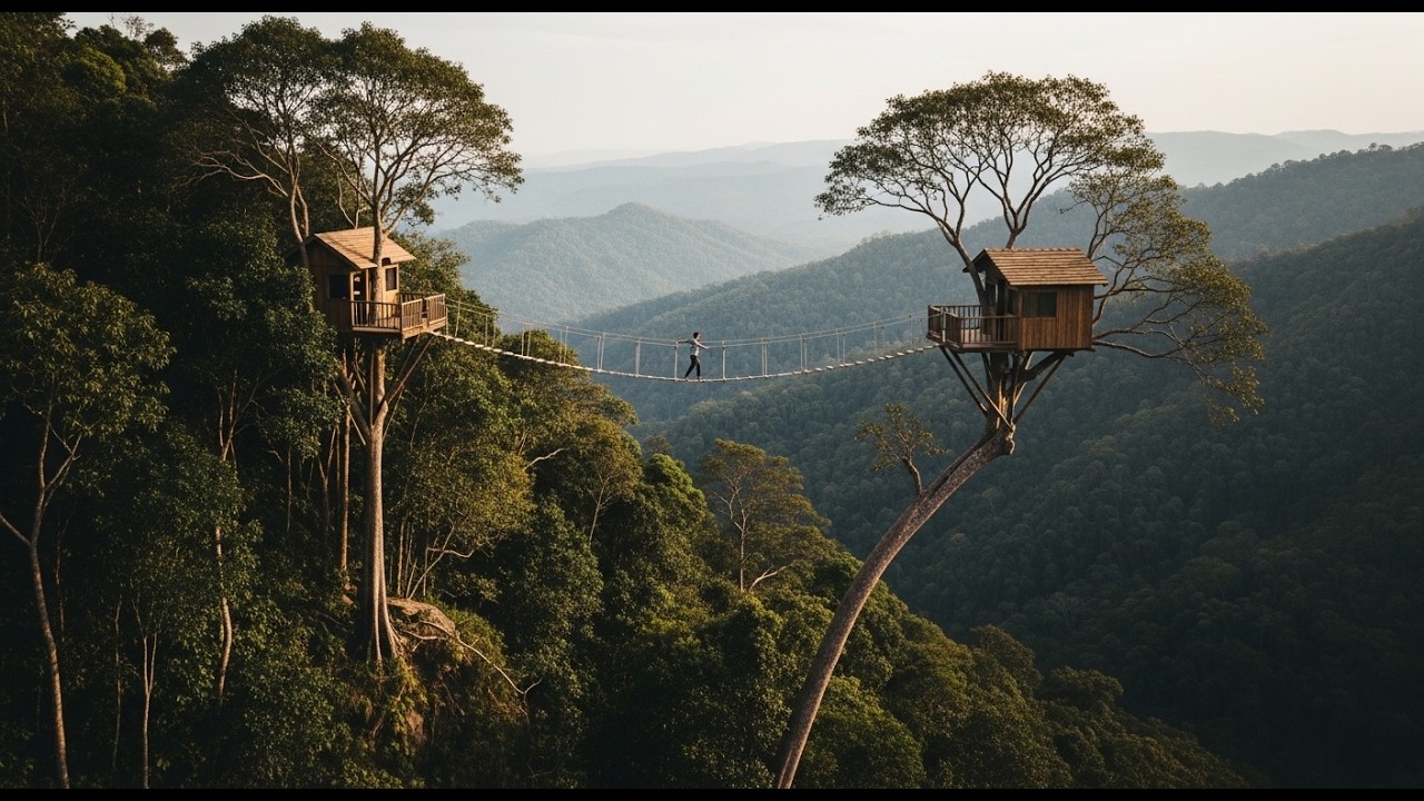 Beyond the Canopy – Building Two Treehouse Shelters Connected by a Rope Bridge High Above the Jungle