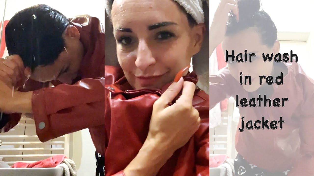 Washing her hairs in a red leather jacket