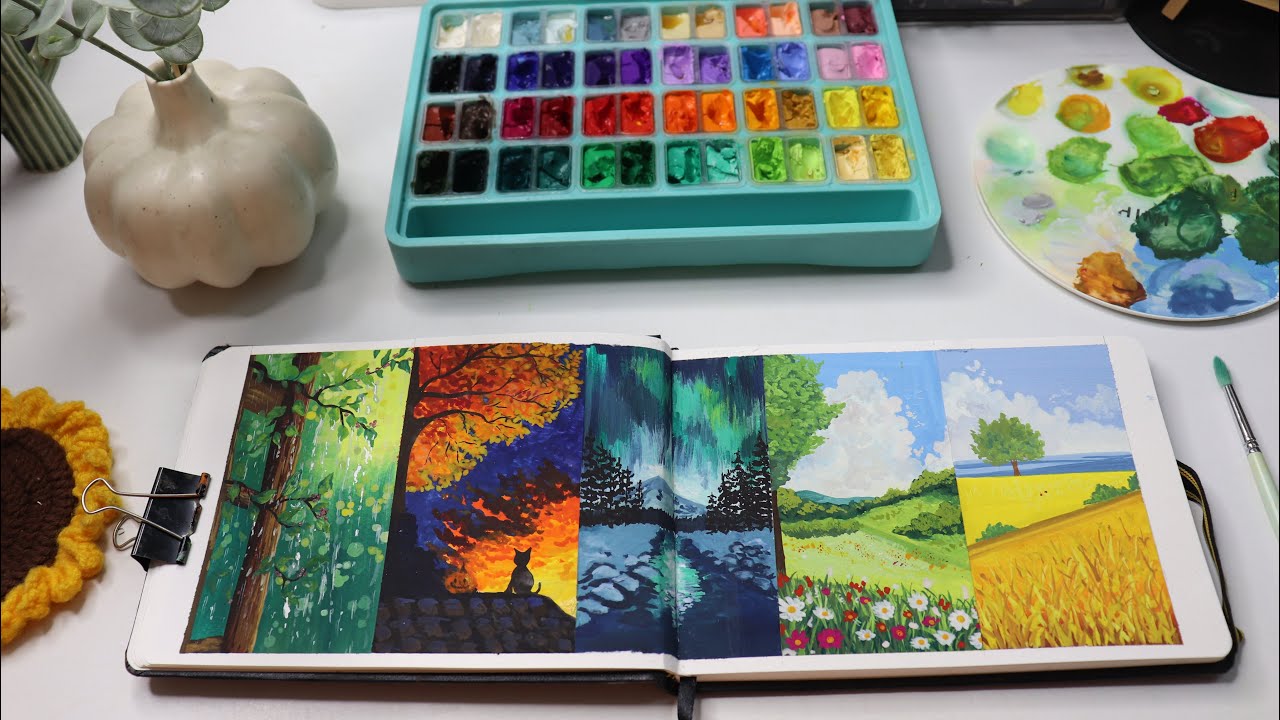 Easy For Beginners / HIMI Gouache painting/ Rainy to Summer All 5 season paintings / Step by Step