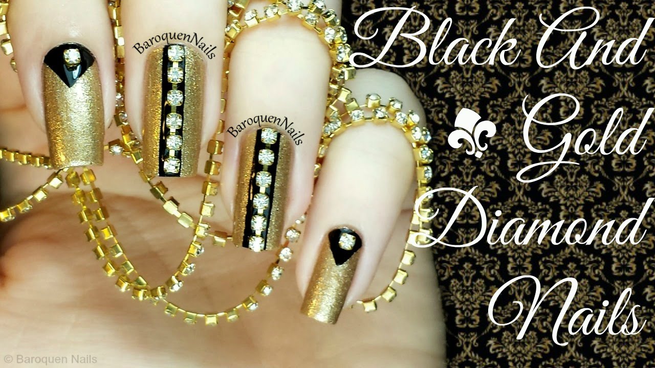Nail Art Tutorial - Elegant Black And Gold Crystal Nails