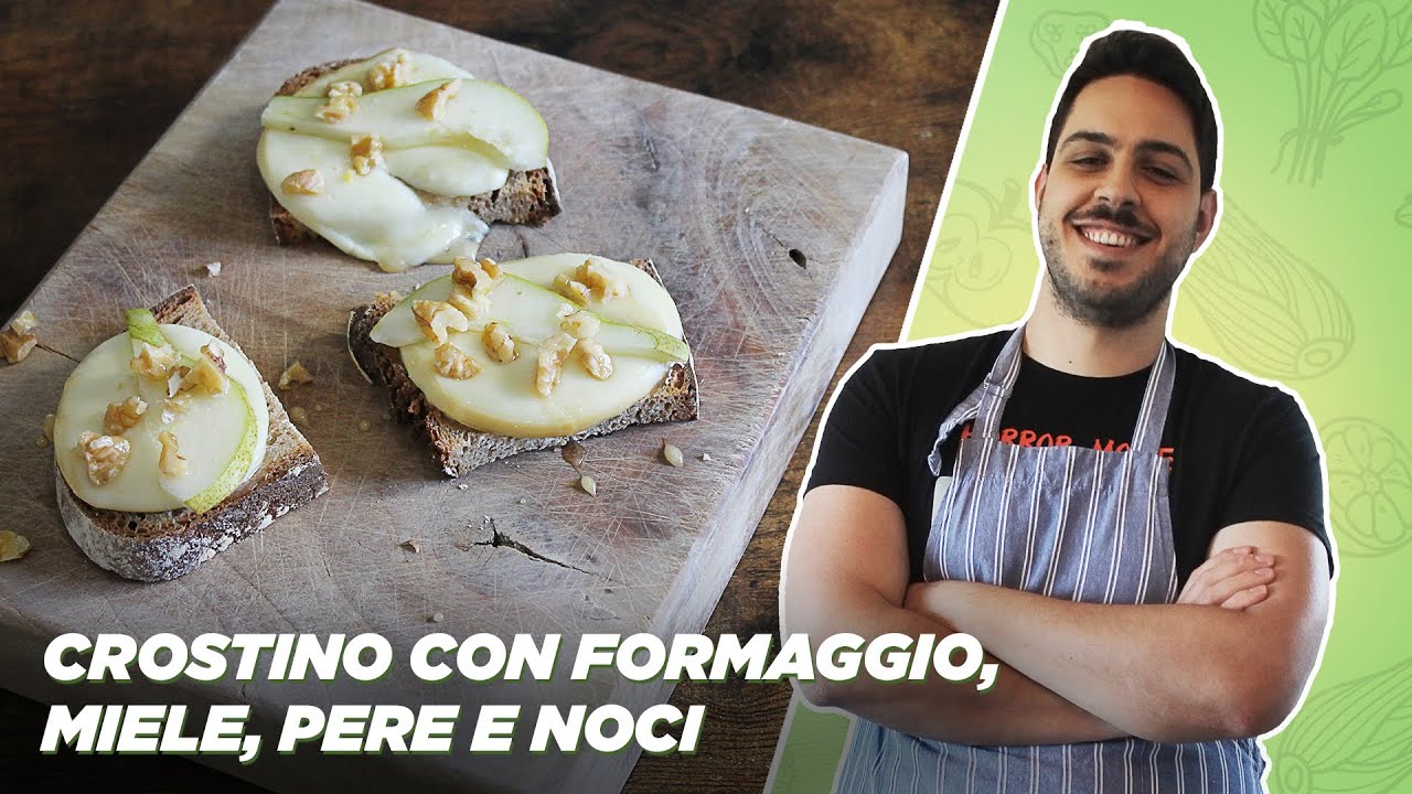 CROSTINO CON SCAMORZA AFFUMICATA, MIELE, PERE E NOCI - antipasto semplice e veloce miele e formaggio