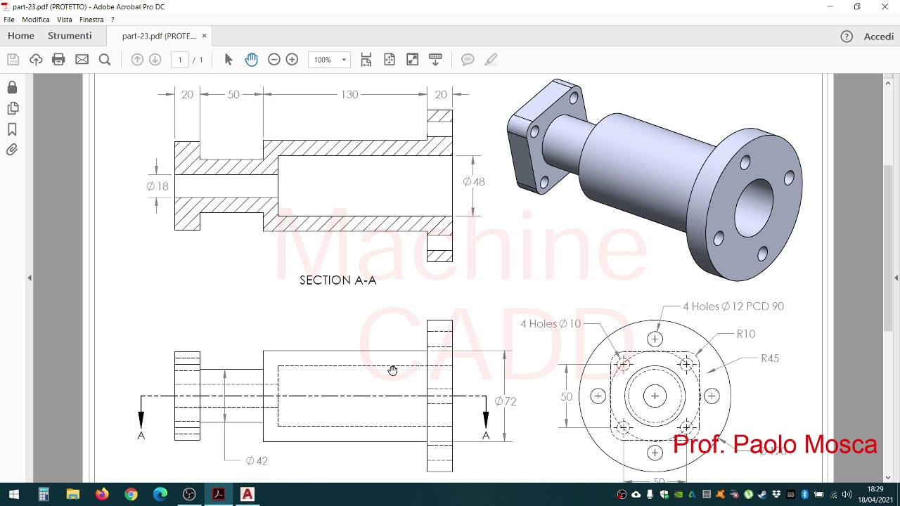 Pezzo meccanico (PARTE 2 - Costruzione viste 2D + sezione + quotatura) - Autocad - Prof. Paolo Mosca