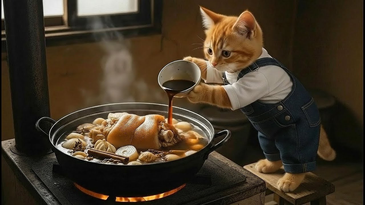 Kitten Cooks Korean Jokbal for His Injured Dad