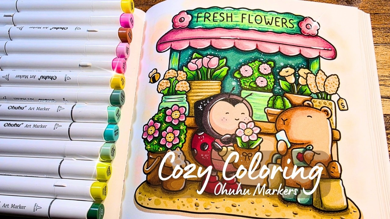 Color With Me 🐞 Cozy Flower Shop | Ohuhu Alcohol Marker Blending | Coco Wyo