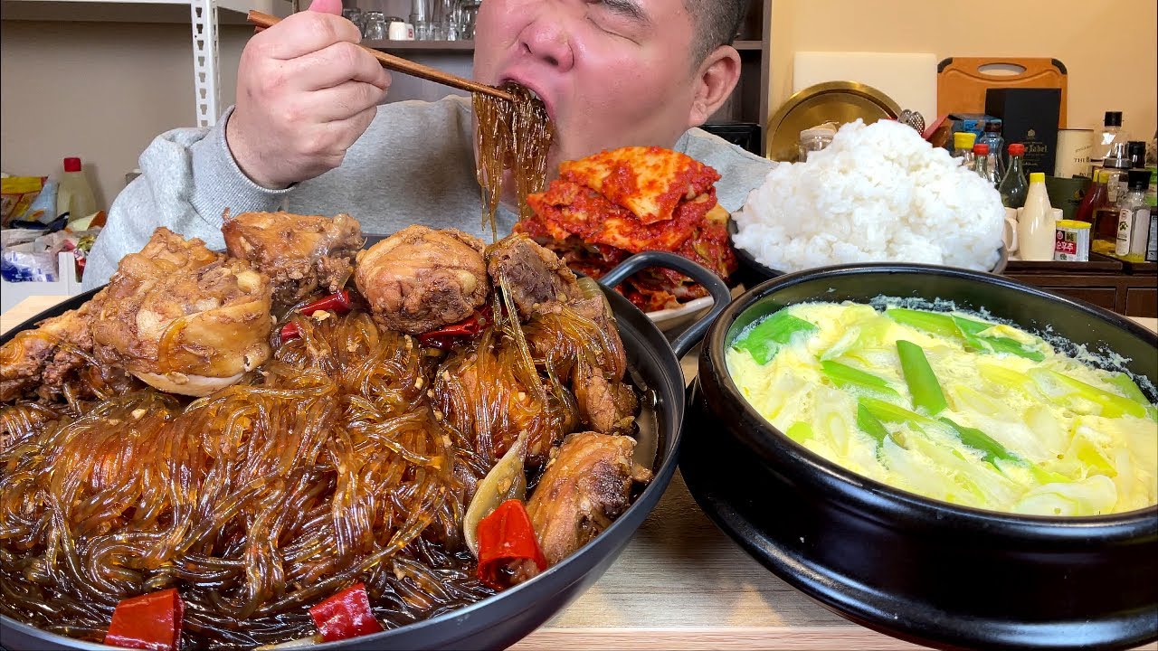 당면듬뿍 간장찜닭 + 새우젓계란찜 + 매운김치  밥까지 비벼 배터지게 먹었습니다 mukbang