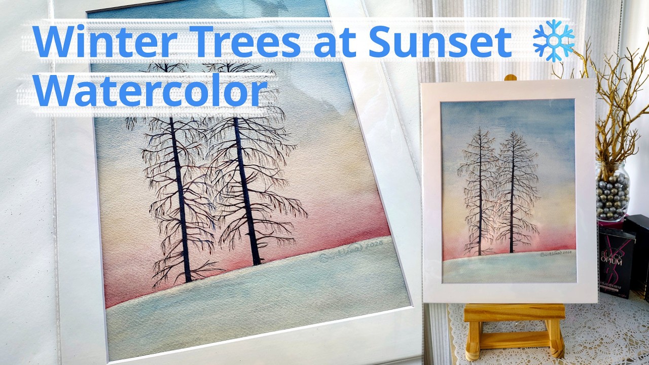 Winter Trees at Sunset ❄️ Watercolor & Pearlescent Paint ✨❄️ Calm Painting Process