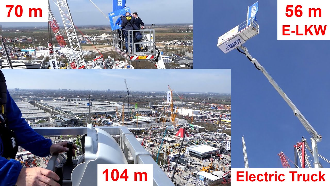 Per Hebebühne 104m über Münchner Messegelände bauma 25 + Bronto Skylift Designwerk E-Mobil 56m S56XR