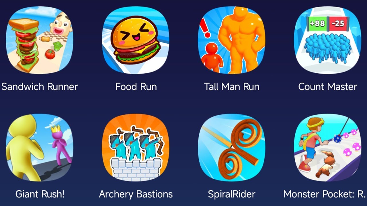 Sandwich Runner,Food Run,Tall Man Run,Count Master,Giant Rush,Archery Bastions,Spiral Rider