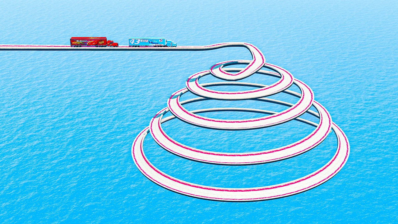 Mack Truck & Dinoco Truck vs Impossible Spiral Cone Revers Bridge Crossing Stunt Cars - BeamNG.Drive