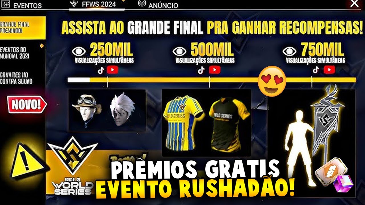 É AMANHÃ!! RUSHADÃO FF PREMIAÇÃO! PEGUE TODOS ITENS FFWS, BANDEIRÃO, 2 CAMISAS, NOVIDADES FREE FIRE