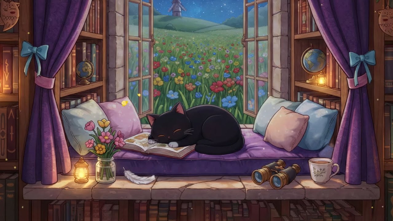 Kitty Cat Sleeping in the Magical Library 🏰 Fantasy Lofi Ambience ✨ Relaxing Music to Deep Sleep