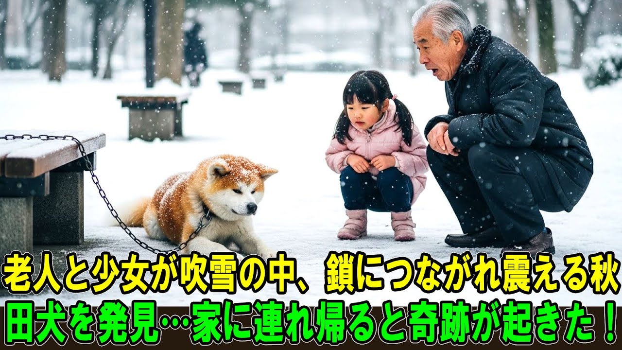 【奇跡の実話】清掃員の老人と少女が、吹雪の公園で鎖につながれ震えている秋田犬を発見した…その犬を家に連れて帰った瞬間、奇跡が起こった！