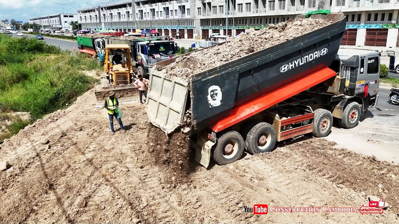 Massive Many Hyundai Dump Trucks Dumping Soil Fill Huge Land & Using Skills Dozer Pushing Soil Fast