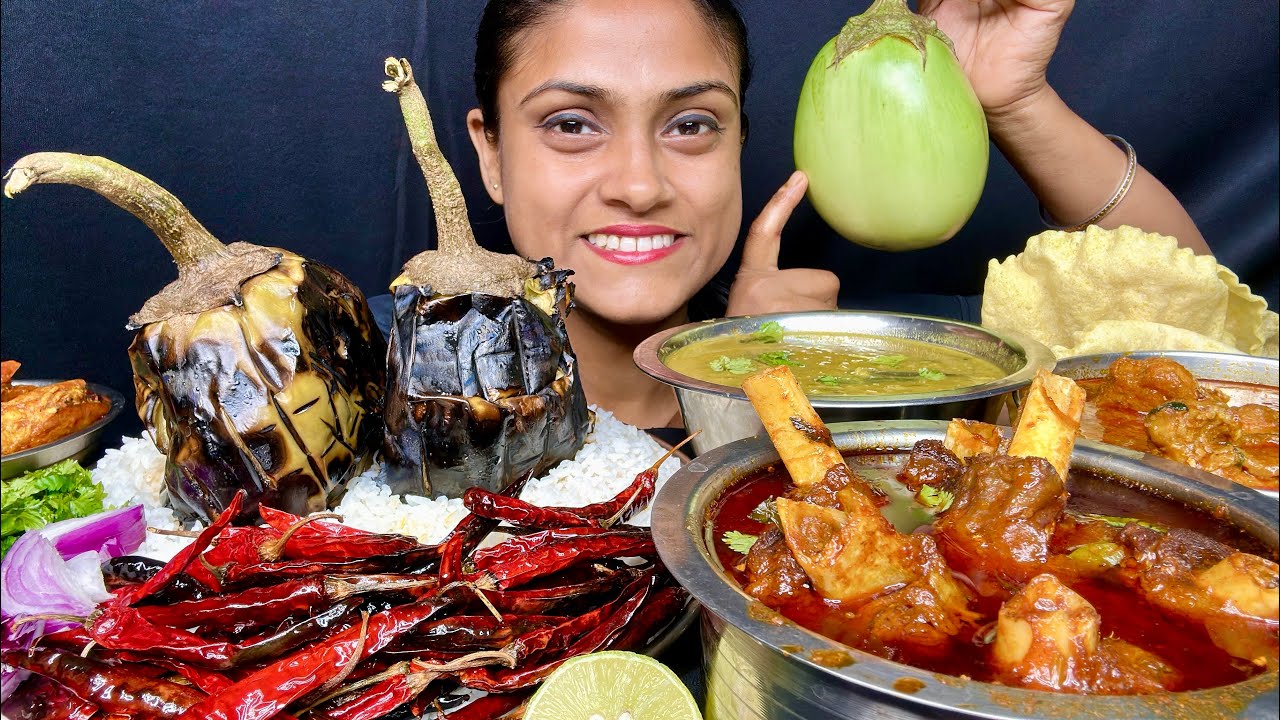 Dal Chawal Baingan Bhorta Chillis Spicy Mutton Curry Fish Curry Prawn Curry Papad Eating