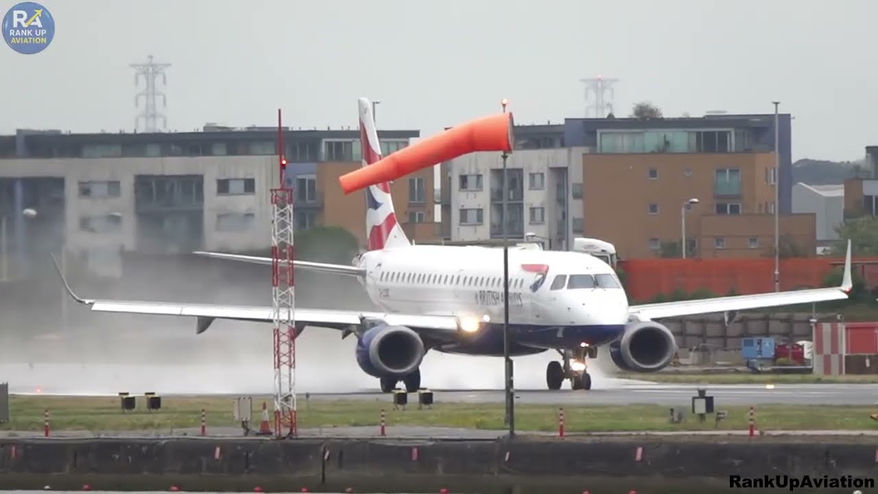 Heavy Rain & Crosswind Landings & Takeoff from London City Airport.