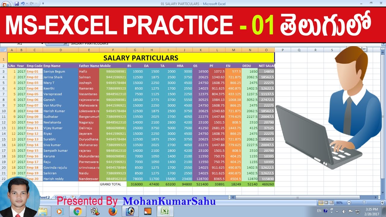 01 How to Make Salary Sheet in Excel in Telugu |Excel Practice Tutorials in Telugu | LEARN COMPUTER