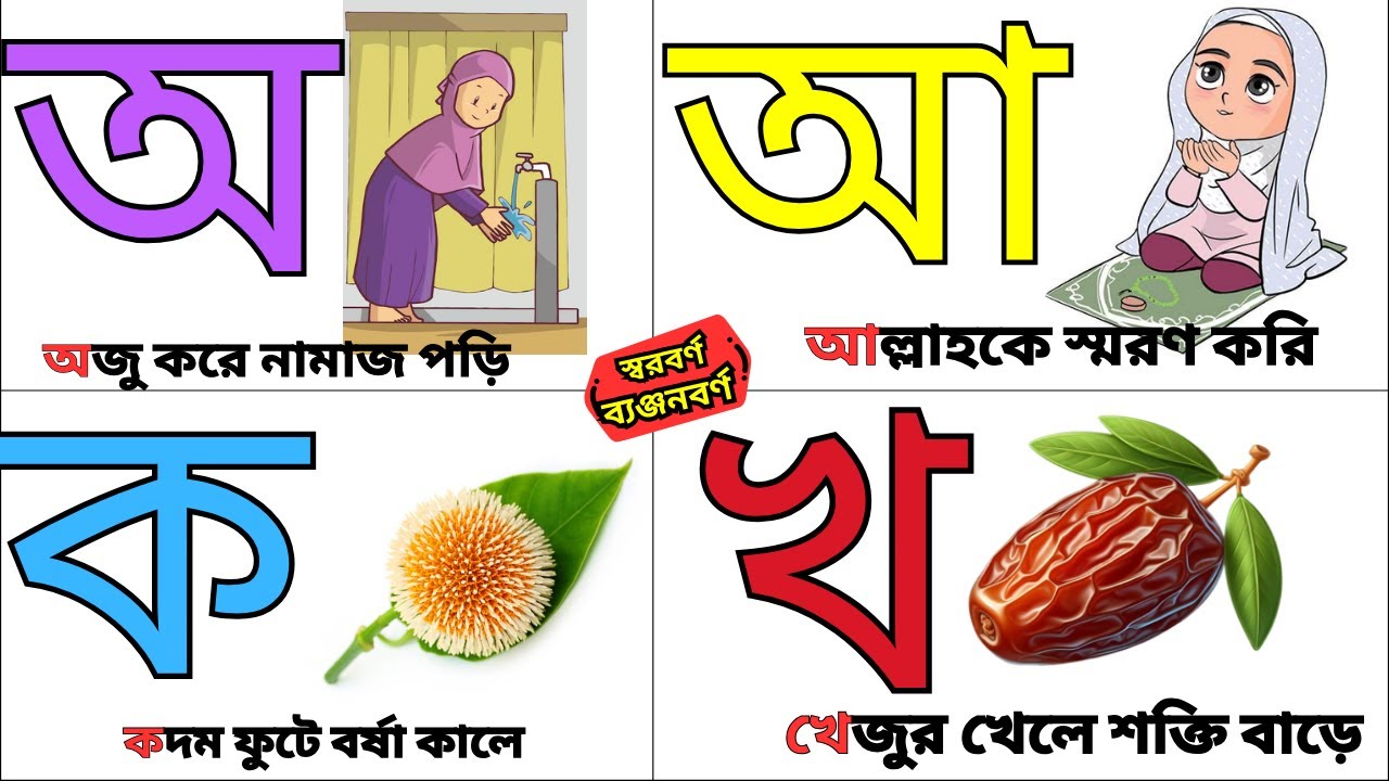 অ তে অজু করে নামাজ পড়ি | আ তে আল্লাহকে স্মরণ করি | ক তে কদম ফুটে বর্ষাকালে | খ তে খেজুর খেলে বাড়ে বল
