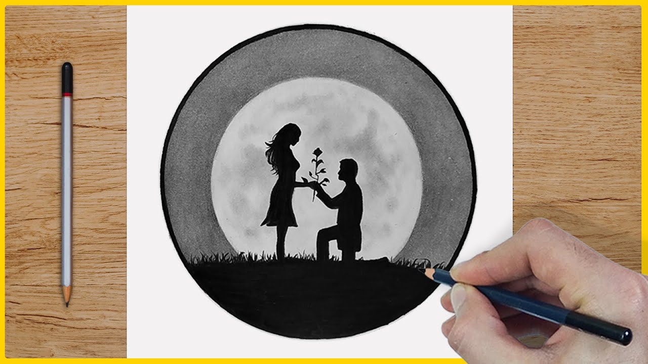 How To Draw Night Scene Drawing of Lovely Couple - Circle Drawing
