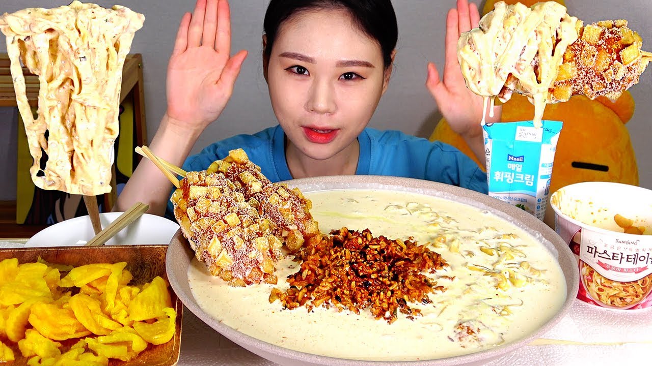 Крем Кимчи Жареный Рис и Картофель Моцарелла Кукуруза Собаки Сыр Мукбанг ест звук