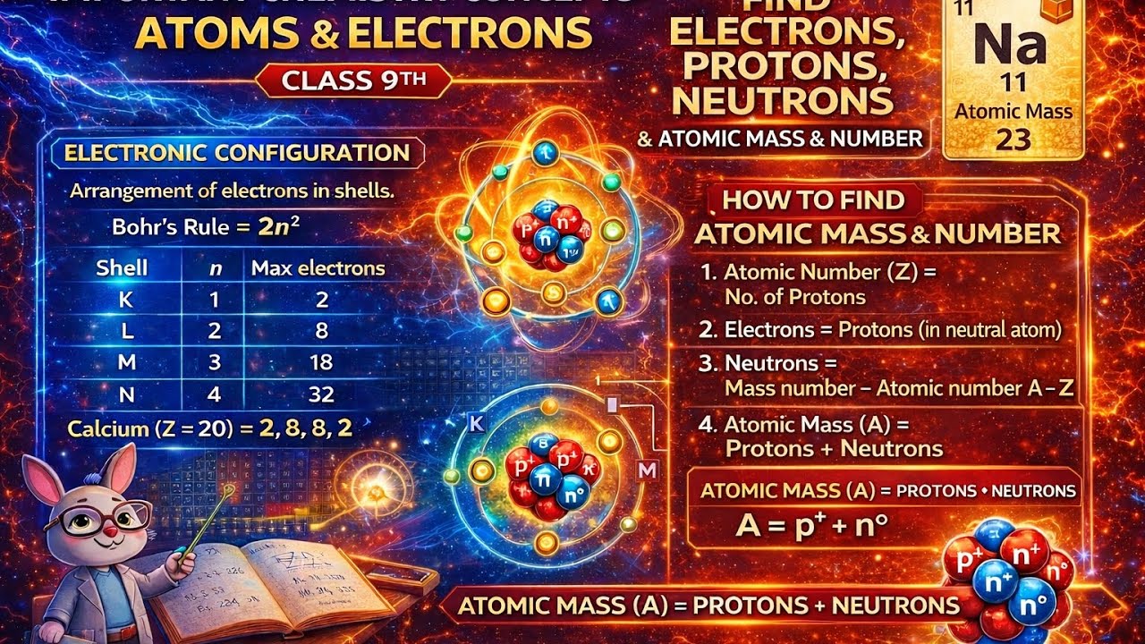 Find Protons, Neutrons & Electrons in 2min electronic configuration and atomic mass Class 9th