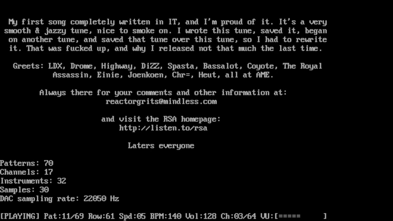 1 hour of high quality DOS tracker drum&bass module files at 22KHz