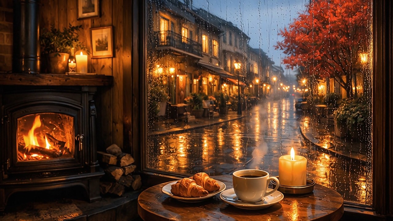🍂 Cozy Autumn Café Ambience ☕ Gentle Rain & Fireplace Sounds  Relaxing Music for Study, Sleep #8