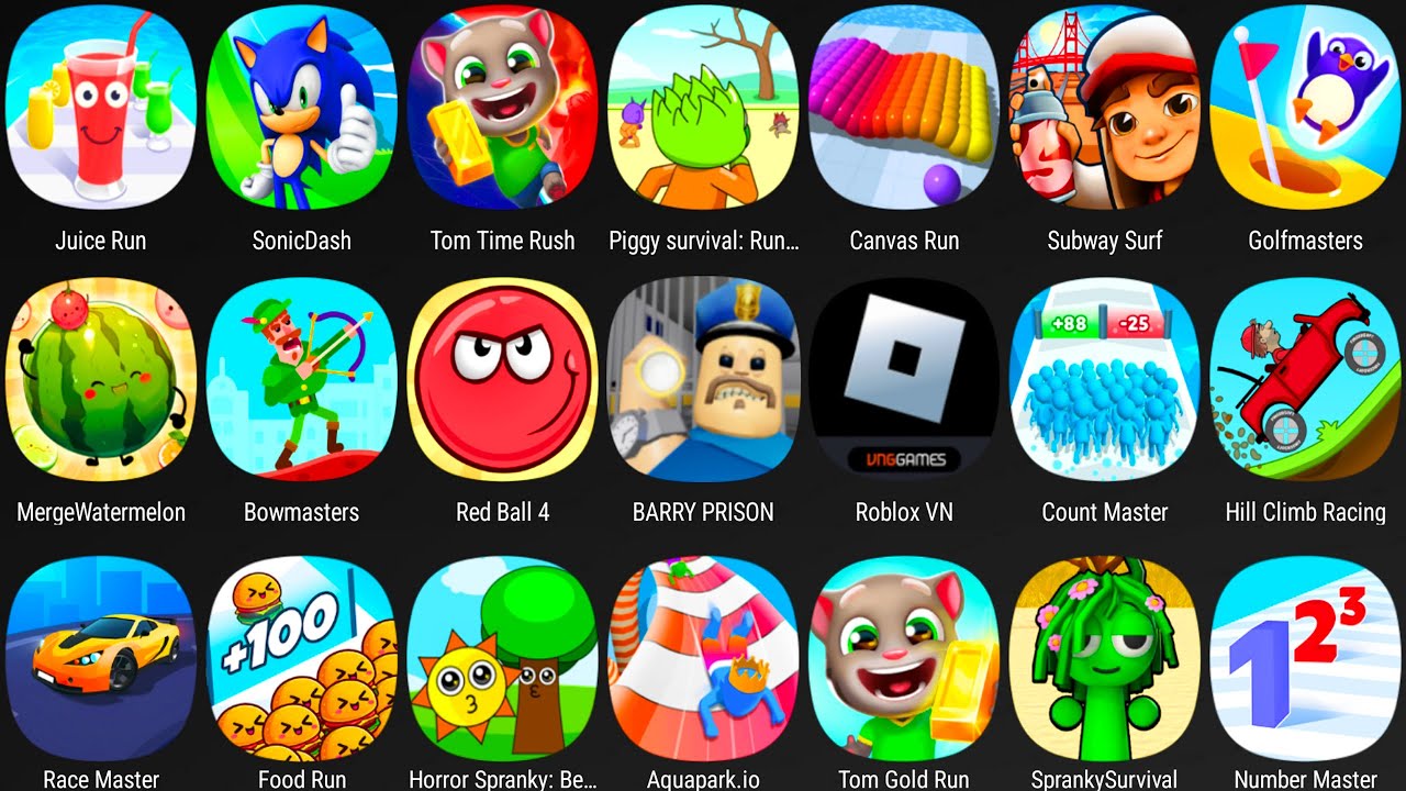 Roblox,Aquapark.io,Barry's Prison Run,Subway Surf,Count Master 3D,Hill Climb,Food Run,Tom Gold Run..