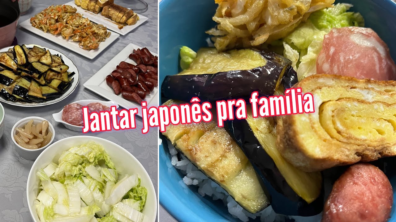 Primeiro jantar no apê foi para a família: Tempurá, Omelete japonês, Missoshiro, Berinjela frita