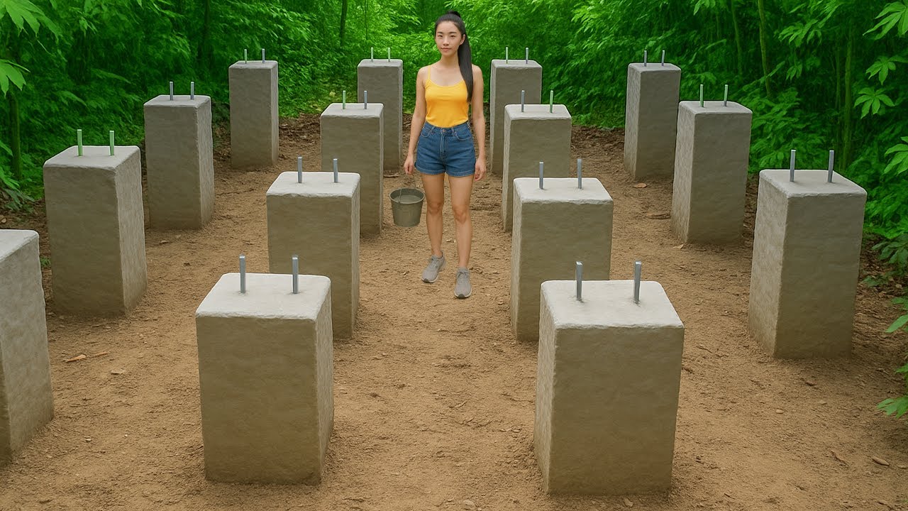 Girl builds a Wooden House alone in the forest - No Technology, No Support