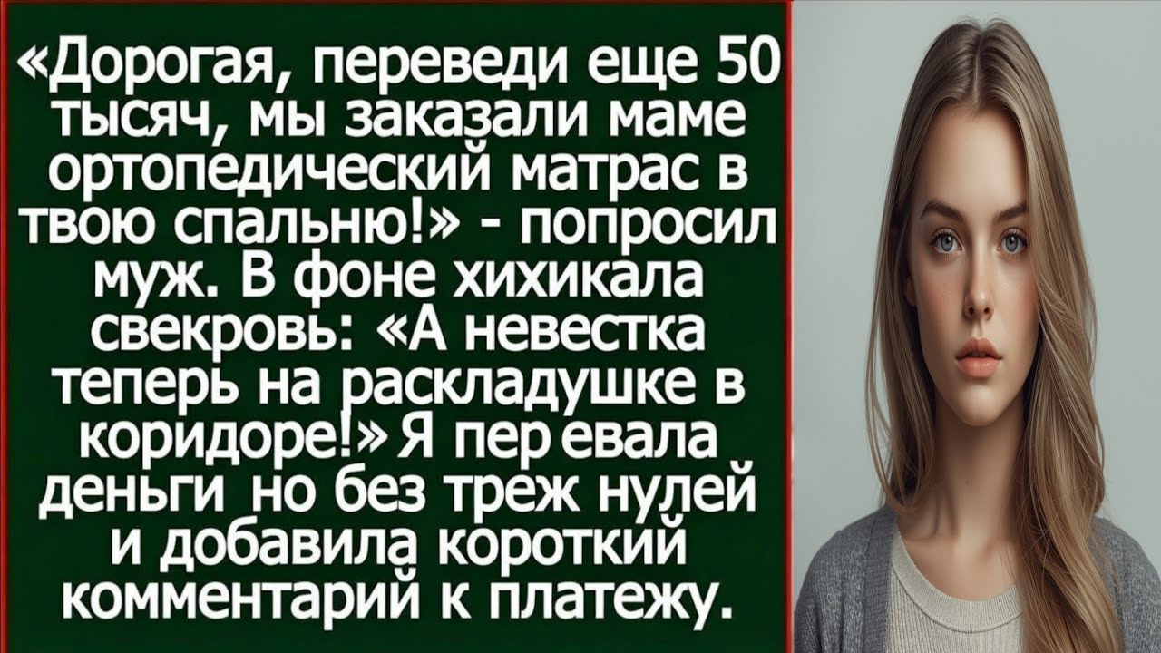 Дорогая, переведи еще 50 тысяч, мы заказали маме ортопедический матрас в твою спальню! Попросил муж.