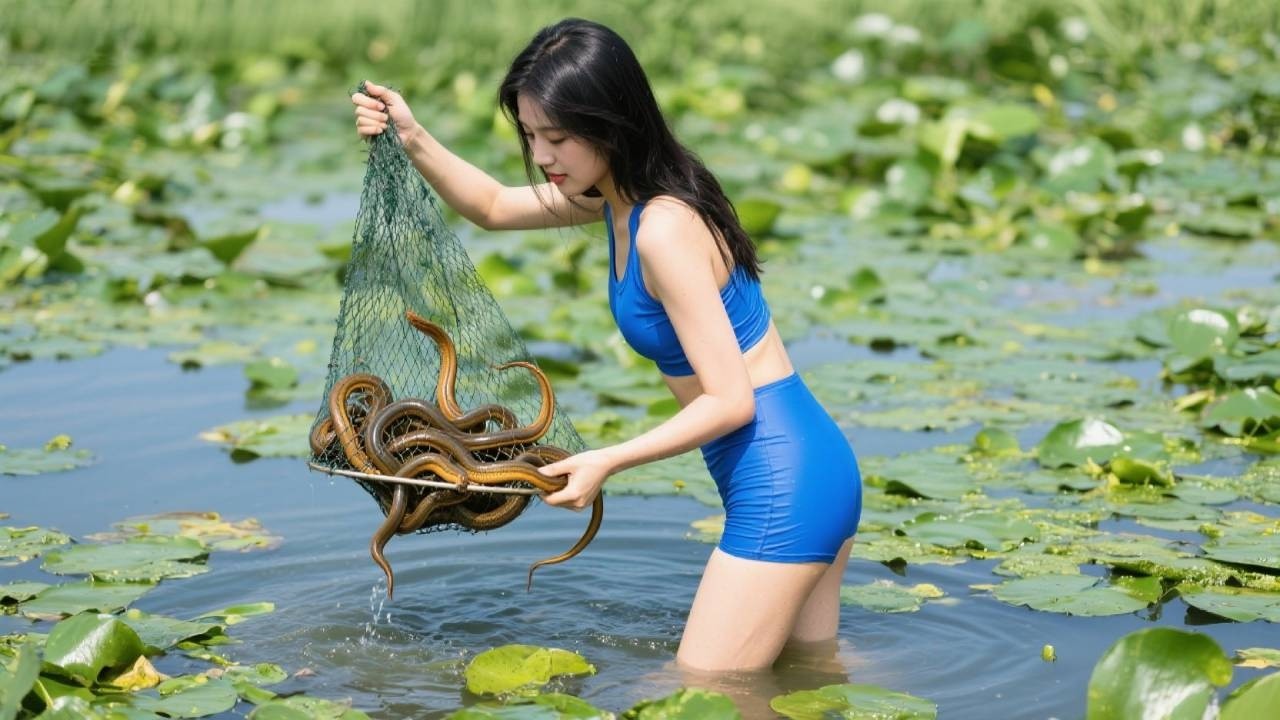 美女花1200包下150亩鱼塘，结局万万没想到，竟收获40斤黄鳝！#农村生活#抓鱼#黄鳝
