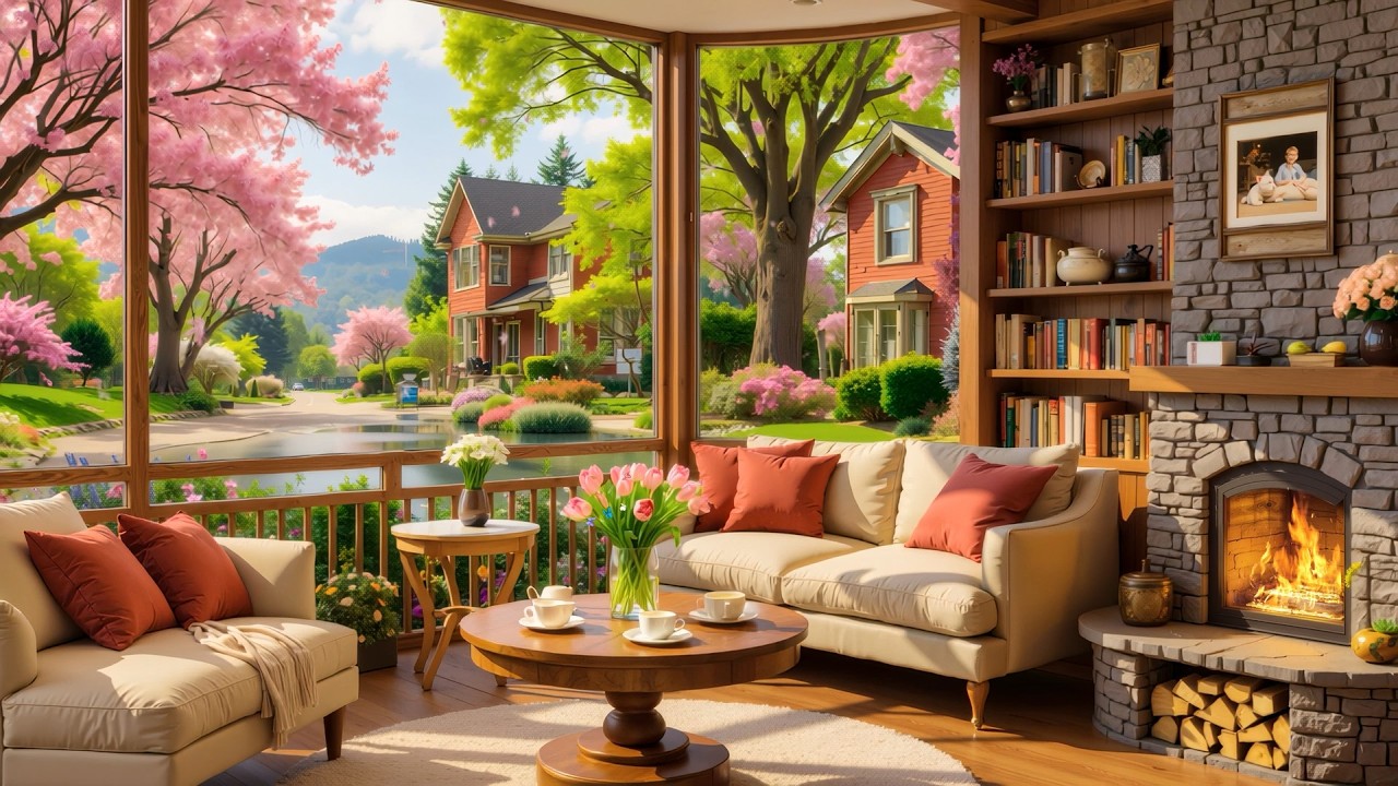 🌺Calming Morning Jazz Music at Cozy Spring Cabin Corner with Nature Sounds for Positive Mood