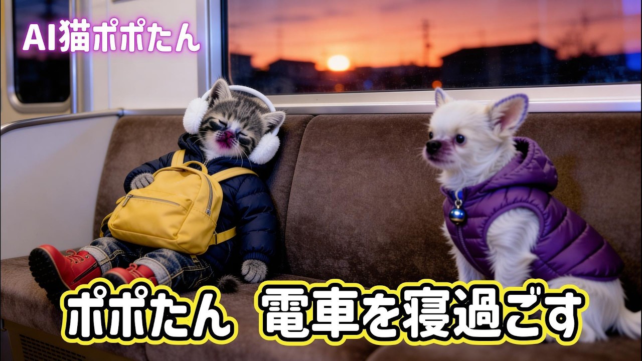 AI猫ポポたん 遊び疲れて電車で熟睡 寝過ごしてしまう 優しいお婆さんとの出会い