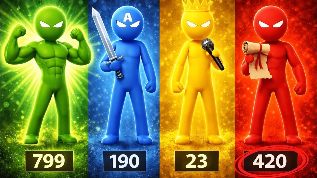 Green vs Blue vs Yellow vs Red – Stickman Party Fight! ⚡