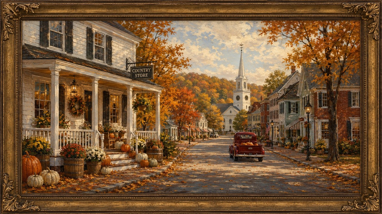 Vintage Fall Village Frame TV Art | Red Truck | 4K No Sound