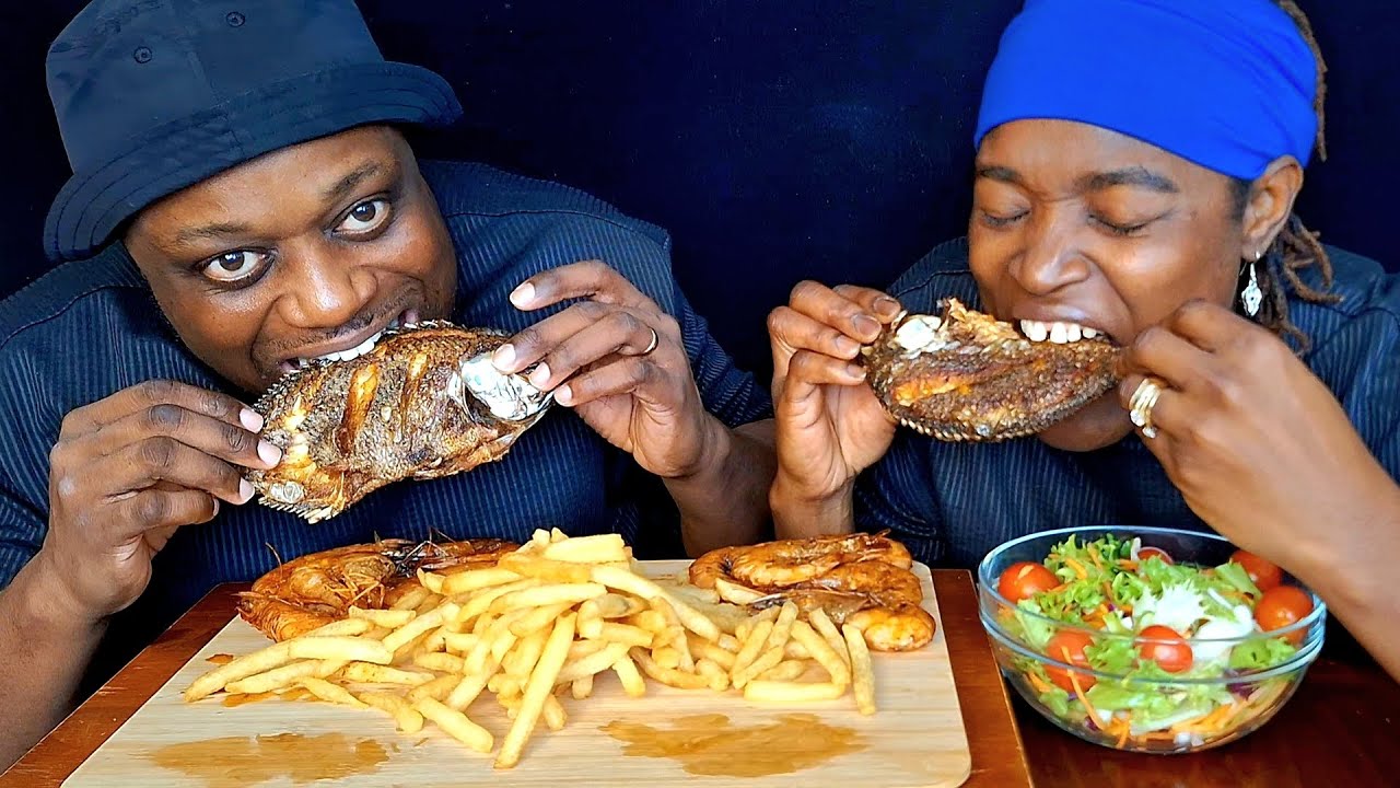 Asmr Tilapia Fish, Prawns, Salads and Fries Mukbang | Eating Sound 😋 